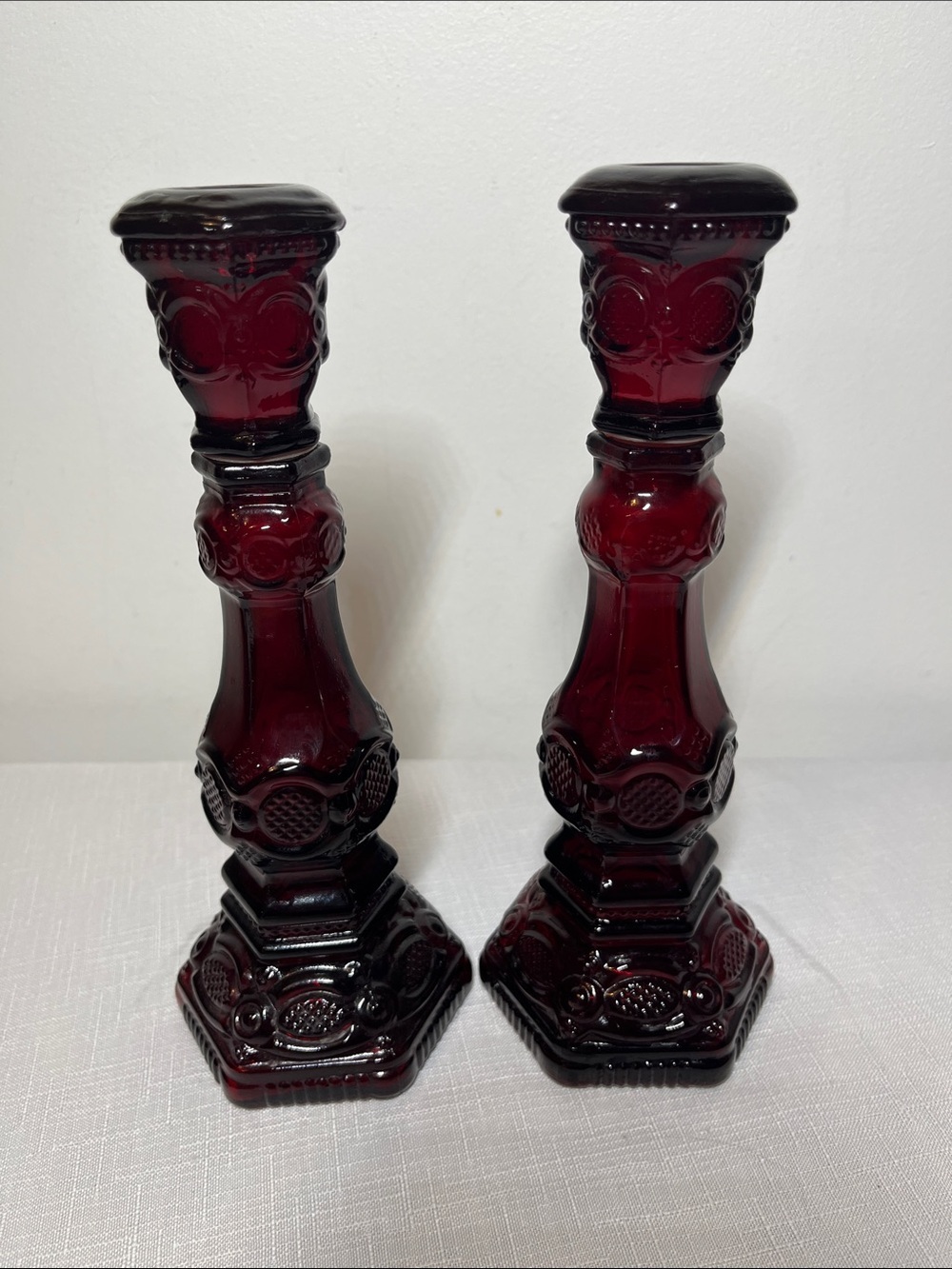 Avon Cape Cod Deep Ruby Red Glass Candlestick Pair - vintage Home Accent / gift